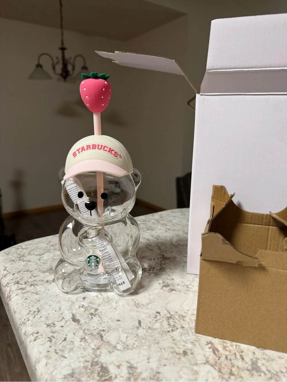 Starbucks Clear Bear Tumbler with Pink Cap and Strawberry Top